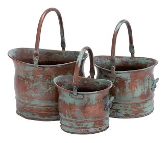 Tinged Metal Bucket Planter With Handles, Patina Rust Finish, Green, Set of 3