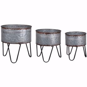 Galvanized Sheet Planter Tubs, Iron Powder Coated Hairpin Legs, Set of 3, Gray, Black