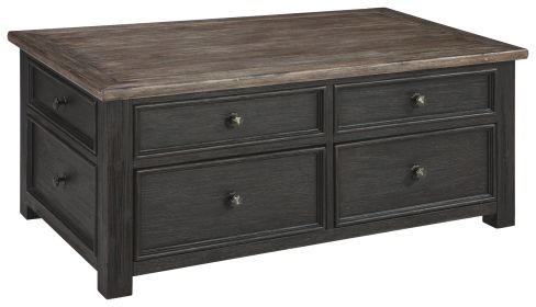 Wooden Lift Top Coffee Table with Drawers and Caster, Black and Brown