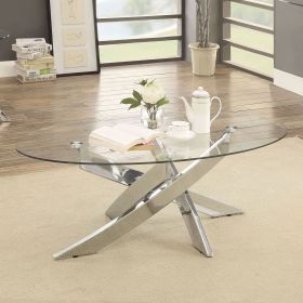 Oval Shape Glass Top Coffee Table with Criss Cross Base, Silver and Clear