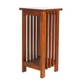 25 Inch Wooden Flower Stand with Slatted Sides and Bottom Shelf, Brown