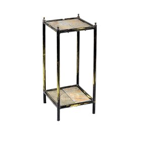 2 Tier Square Stone Top Plant Stand with Metal Frame, Small, Black and Gray