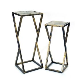 Stone Top Plant Stand with Geometric Base, Set of 2, Black and Gray