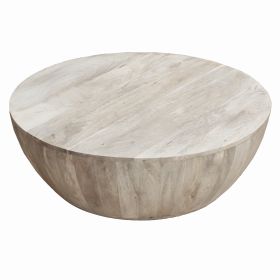 Arthur 35.5 Inch Round Mango Wood Coffee Table, Subtle Grains, Distressed White