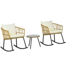 3-Piece Outdoor Rocking Chair Set, Rattan Wicker Patio Bistro Set with Cushions, Cream White