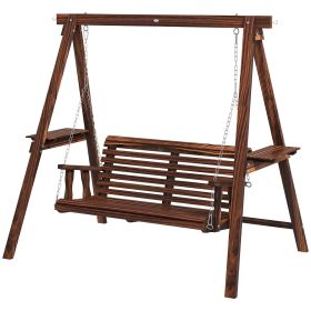 Dual-Seater Garden Swing Bench with Frame & Auxiliary Tables, Weathered Look for Outdoor Areas|