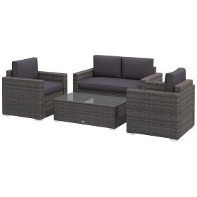 4 Pieces Rattan Sofa Set Wicker Patio Sofa Set with Loveseat Chairs Glass Top Coffee Table for Garden Outdoor Gray