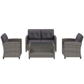 4 Piece PE Rattan Wicker Patio Furniture Set with Two-tier Coffee Table and Cushions, Dark Gray