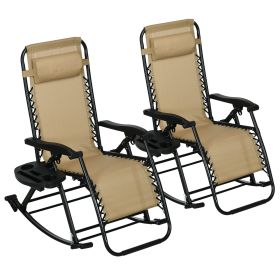 Zero Gravity Rocking Chair Set, 2 Pcs Outdoor Recliner, Foldable with Pillow, Cup & Phone Holder, Beige