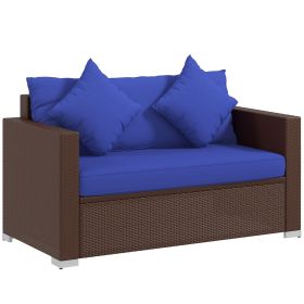 Wicker Loveseat Patio Furniture with Cushions Dark Blue PE Rattan 2-Seater Sofa and Throw Pillows