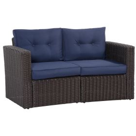 2-Piece Wicker Sofa Set, Outdoor Rattan Furniture with Curved Armrests, Cushions in Dark Blue