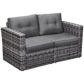 2-Piece Wicker Sofa Set, Outdoor Rattan Furniture with Curved Armrests, Cushions in Grey