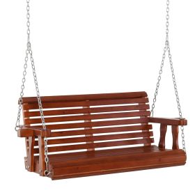 46" Wooden Patio Swing Bench, 2-Person Porch Swing with Cup Holders, Chains, Brown