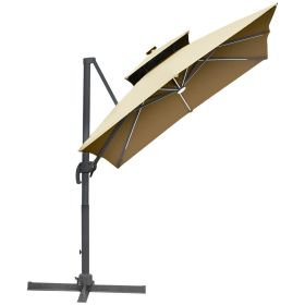 10ft Solar LED Cantilever Umbrella with 360 Rotation and Tilt Khaki for Outdoor Garden Yard