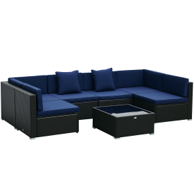 7-Piece Rattan Couch, Outdoor Patio Furniture Set, with Removable Cushions and Ottoman, Glass Coffee Table- Dark Coffee/Blue