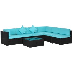 7-Piece Wicker Patio Conversation Set with Cushions & Glass Table, Turquoise