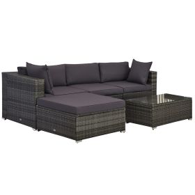 5-Piece Deluxe Outdoor Sectional Furniture, Patio Wicker Couch, Patio Rattan Furniture Set with Cushions, Pillows & Glass Coffee Table, Gray