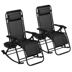 2 Pcs Outdoor Folding Rocking Chairs, Foldable Zero Gravity Rocking Chair with Pillow Cup & Phone Holder, Black