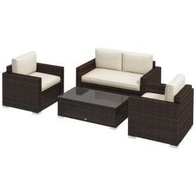 4 Pieces Rattan Sofa Set Wicker Patio Sofa Set with Loveseat Chairs Glass Top Coffee Table for Garden Outdoor Khaki
