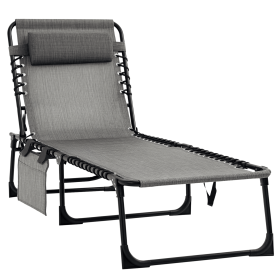 Folding Chaise Lounge Chair, 5-Level Adjustable Backrest, Side Pocket and Pillow, Breathable Mesh, for Patio, Garden, Grey
