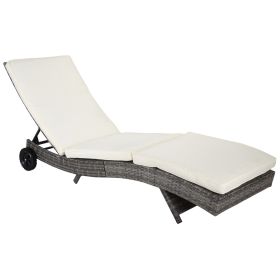 Patio Wicker Cushioned Chaise Lounge Outdoor PE Rattan Sun Lounger Adjustable Backrest Wheels Off-white