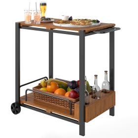 Acacia Wood Outdoor Bar Cart with Wheels, Rolling 2-Tier Coffee & Drink Cart with 3 Bottle Holders, Teak