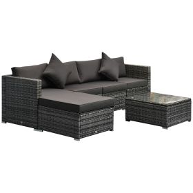 6PC Outdoor Rattan Sofa Set Charcoal Cushions Wicker Sectional Patio Furniture with Ottoman & Coffee Table