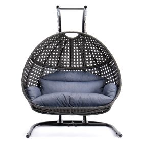 2 Person Swing Chair Wicker Hanging Double-Seat Swing Chair with Stand w/Dust Blue Cushion (Black+dustblue)