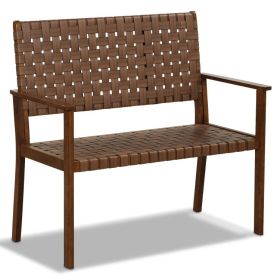 Outdoor All Weather Bench with Solid Rubber Wood Frame and Hand Woven PU Leather