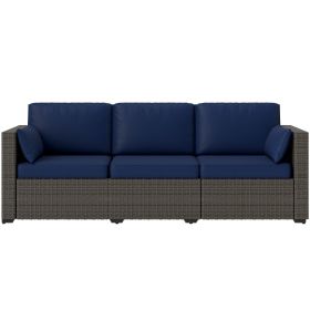 Patio Couch PE Wicker Deep Seating Outdoor Sofa with Removable Cushions, 3 Seater Rattan Sofa, Outdoor Furniture for Balcony, Deck (Color: Navy)