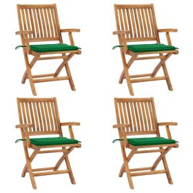 Folding Patio Chairs with Cushions 4 pcs Solid Teak Wood (Color: Green)